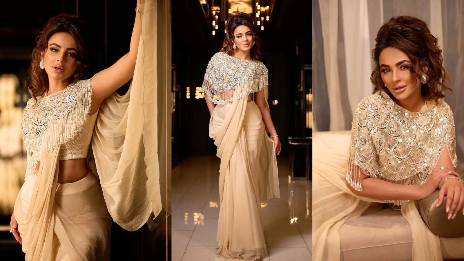 Seerat Kapoor Mesmerizes in 80s-Inspired Ethnic Look: A Stunning Cape, Crop Top, and Draped Saree Worth 1 Lakh+